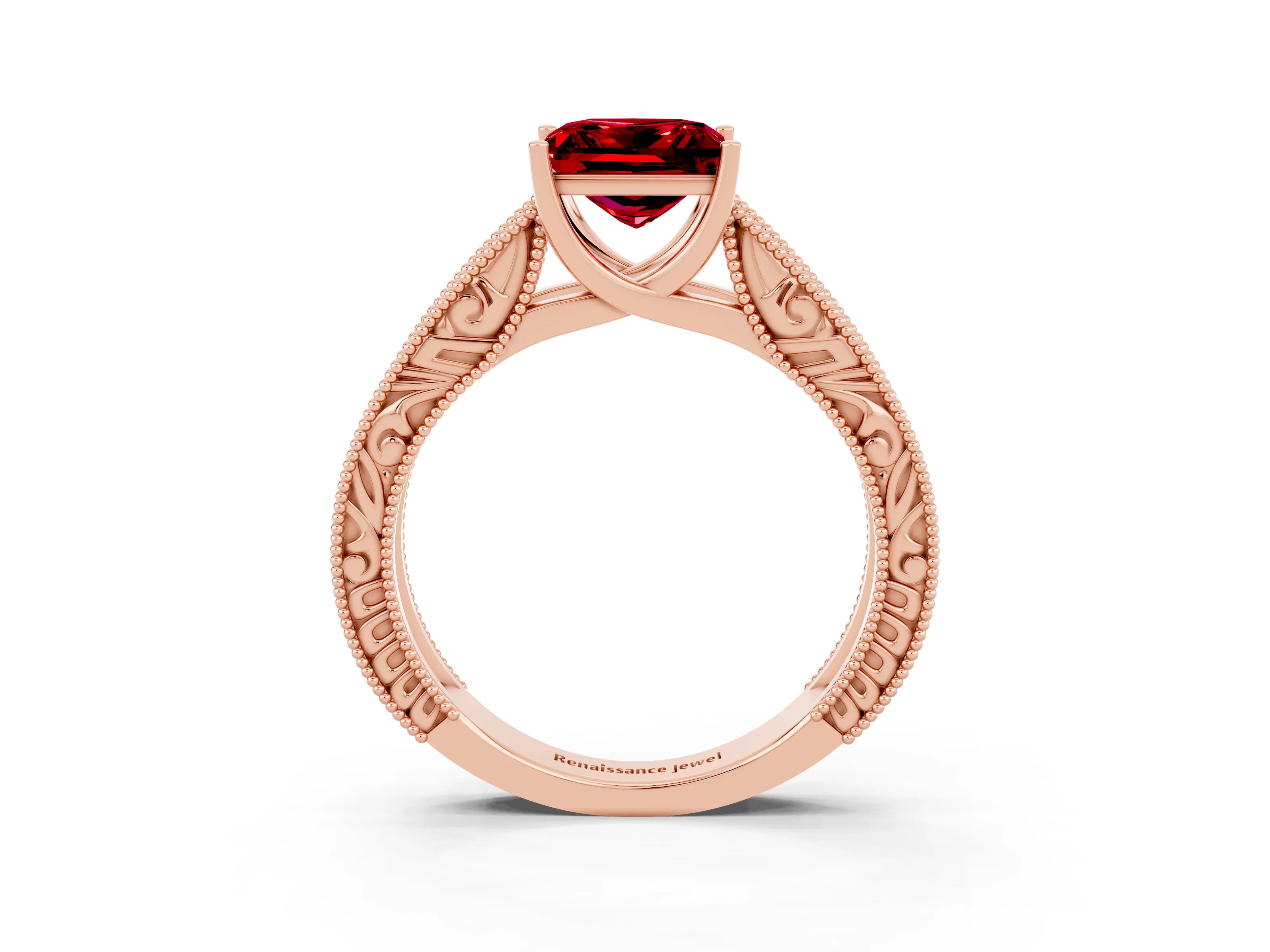 Rose gold Princess Cut Ruby Solitaire Ring with Engraved Band and Four-Prong Setting_3