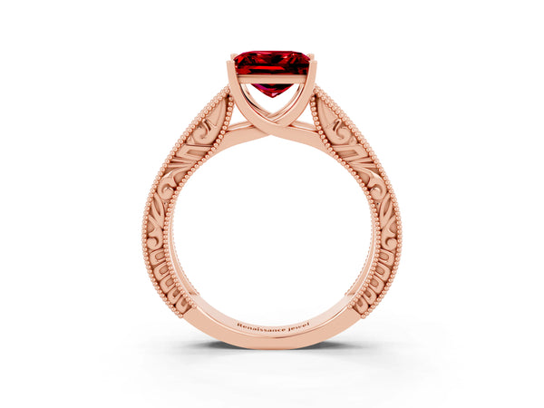 Rose gold Princess Cut Ruby Solitaire Ring with Engraved Band and Four-Prong Setting
