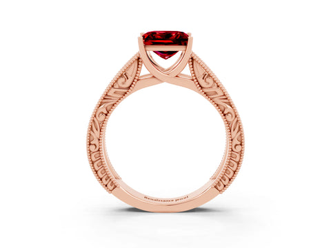 Rose gold Princess Cut Ruby Solitaire Ring with Engraved Band and Four-Prong Setting_3