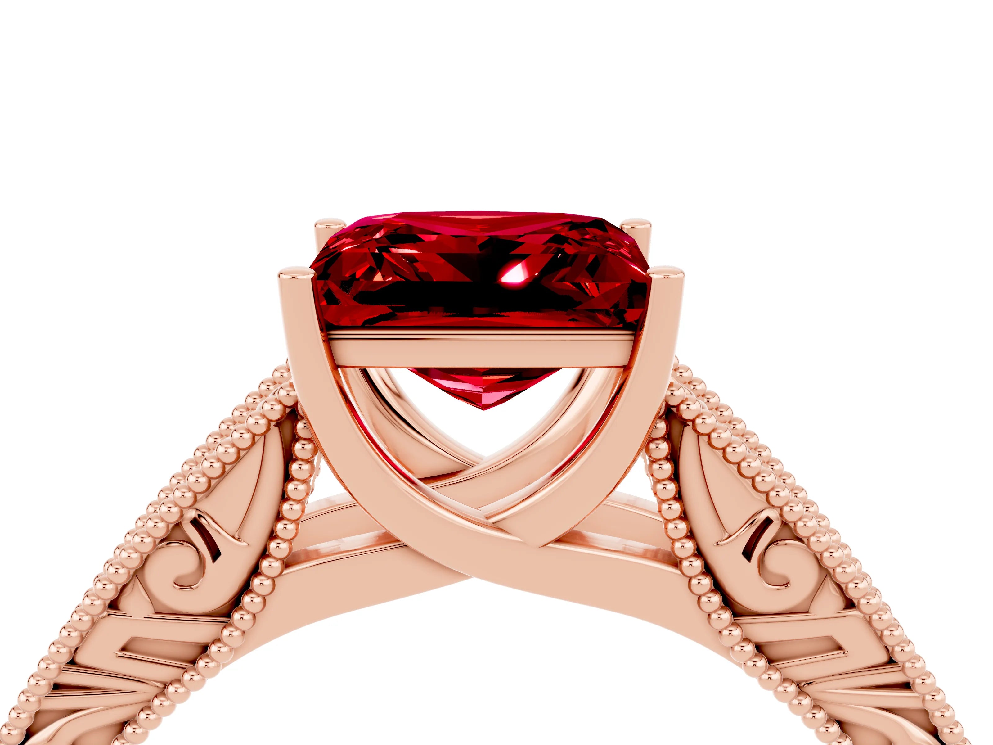 Rose gold Princess Cut Ruby Solitaire Ring with Engraved Band and Four-Prong Setting_4