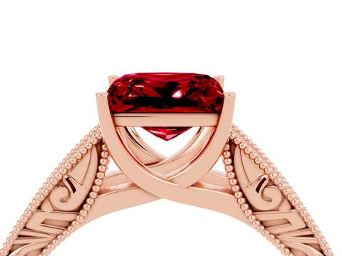 Rose gold Princess Cut Ruby Solitaire Ring with Engraved Band and Four-Prong Setting_4