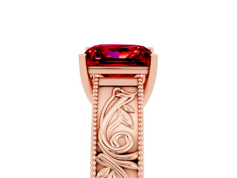 Rose gold Princess Cut Ruby Solitaire Ring with Engraved Band and Four-Prong Setting_5