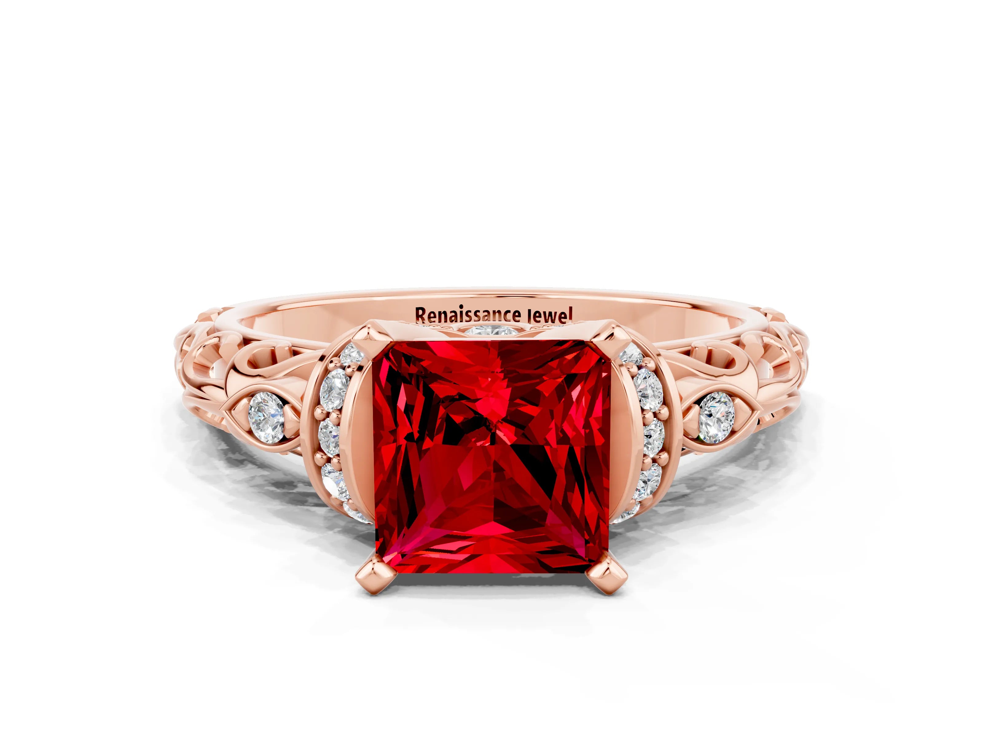 Rose gold Princess Cut Ruby Solitaire Ring with Filigree Band and Four-Prong Setting_36