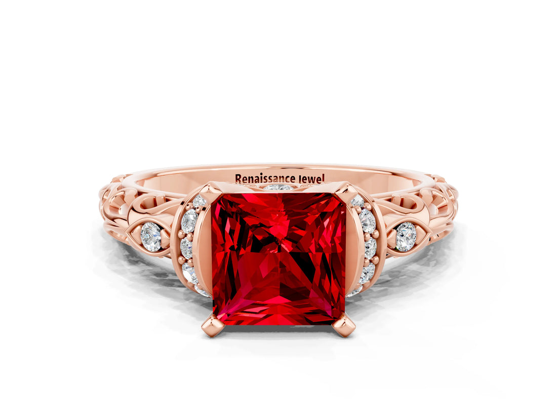 Rose gold Princess Cut Ruby Solitaire Ring with Filigree Band and Four-Prong Setting_36