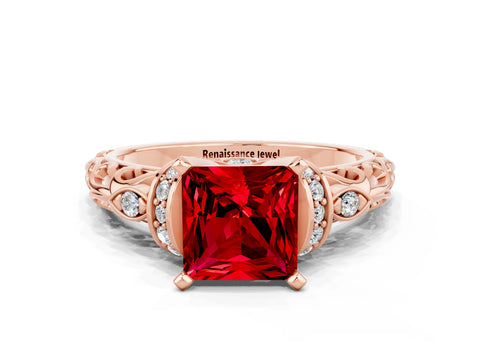 Rose gold Princess Cut Ruby Solitaire Ring with Filigree Band and Four-Prong Setting_36