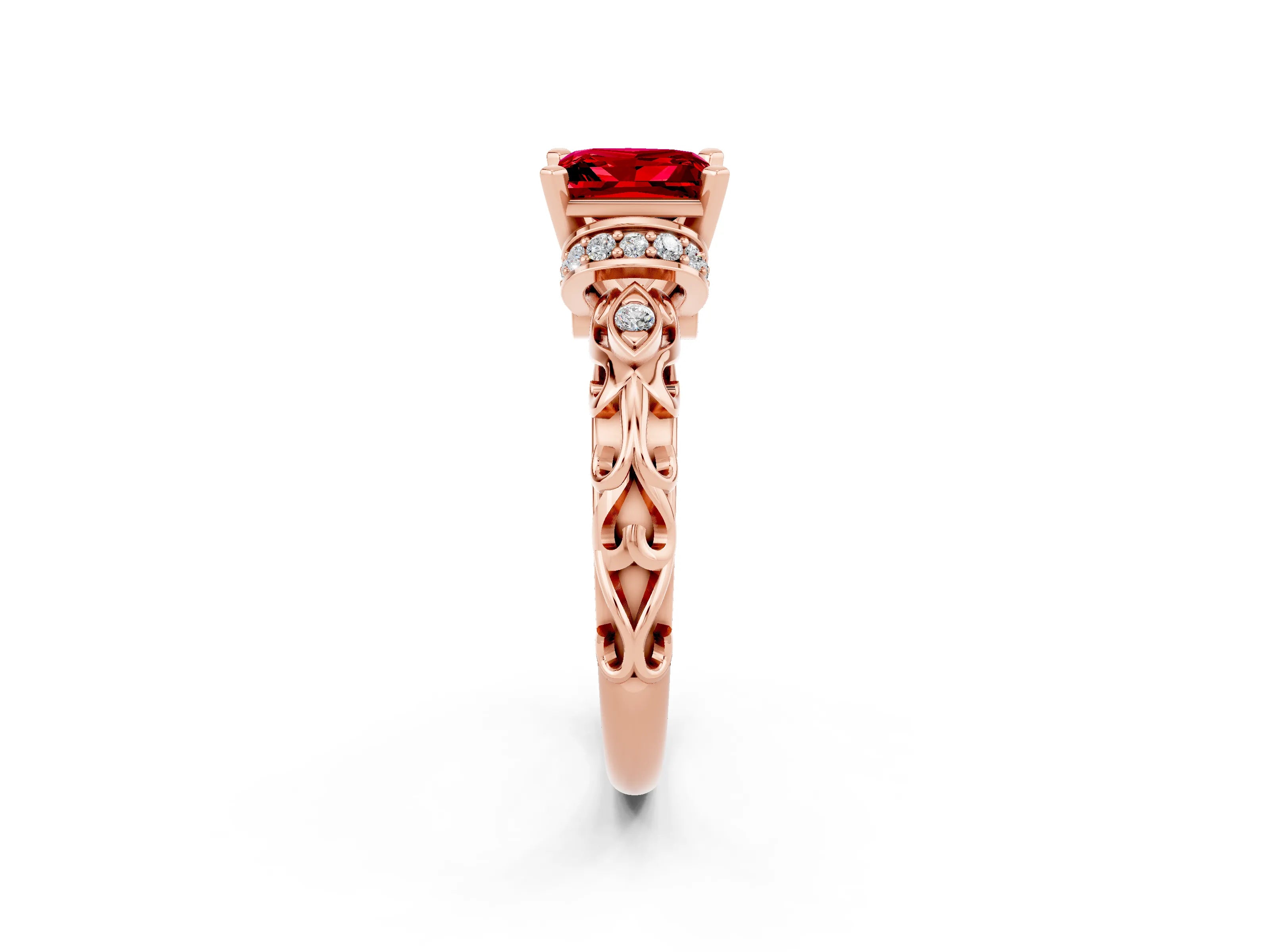 Rose gold Princess Cut Ruby Solitaire Ring with Filigree Band and Four-Prong Setting_38