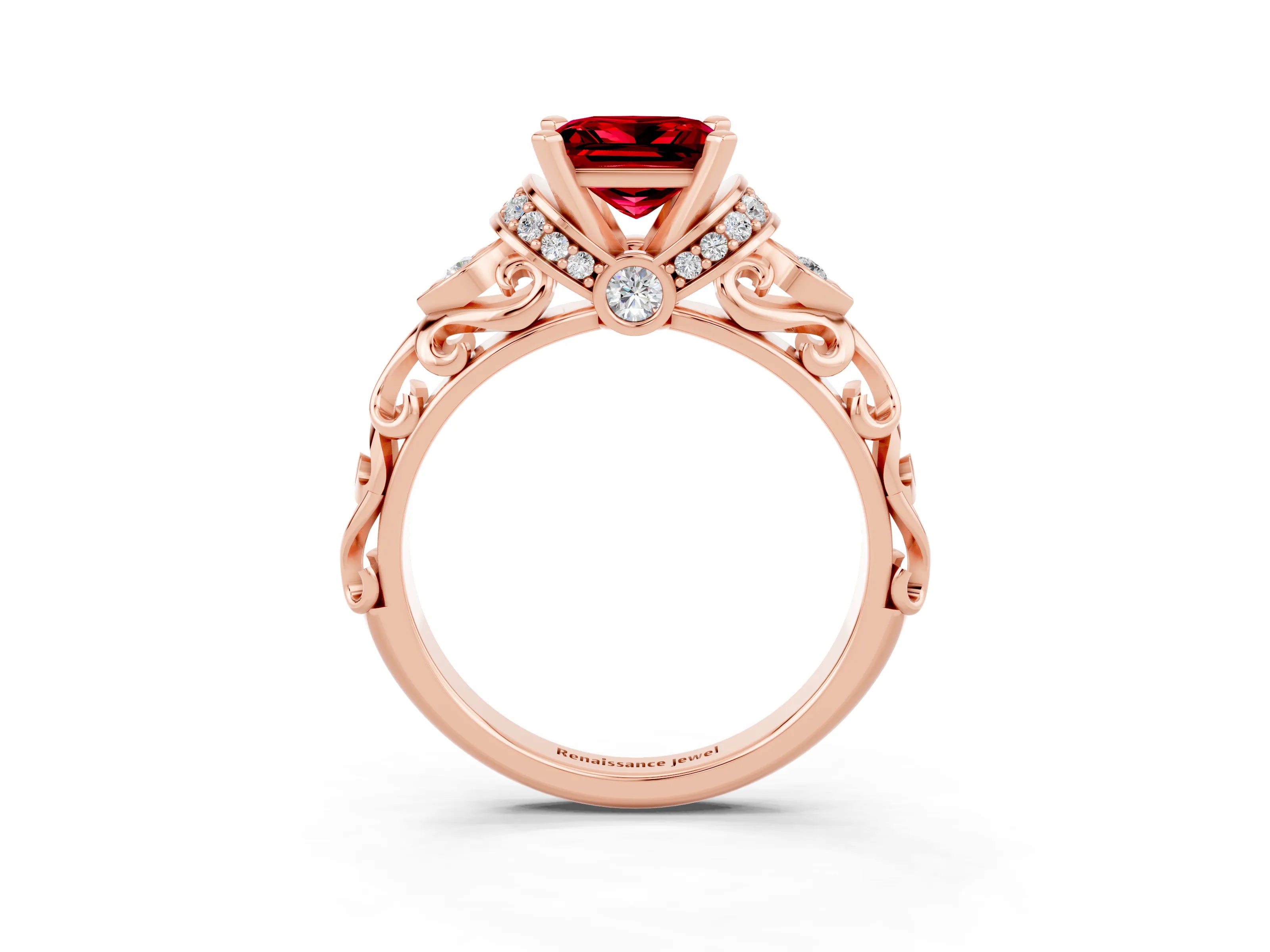 Rose gold Princess Cut Ruby Solitaire Ring with Filigree Band and Four-Prong Setting_39