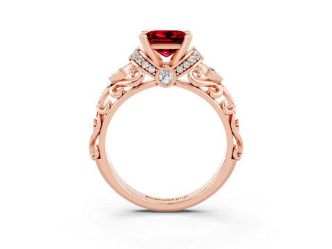 Rose gold Princess Cut Ruby Solitaire Ring with Filigree Band and Four-Prong Setting_39