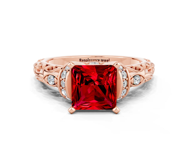 Rose gold Princess Cut Ruby Solitaire Ring with Filigree Band and Four-Prong Setting