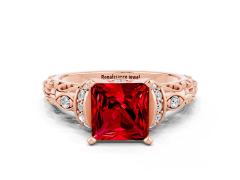 Rose gold Princess Cut Ruby Solitaire Ring with Filigree Band and Four-Prong Setting_48