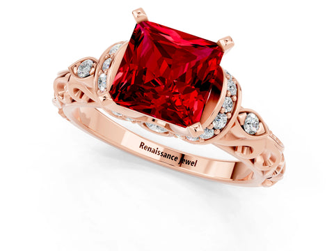 Rose gold Princess Cut Ruby Solitaire Ring with Filigree Band and Four-Prong Setting_49