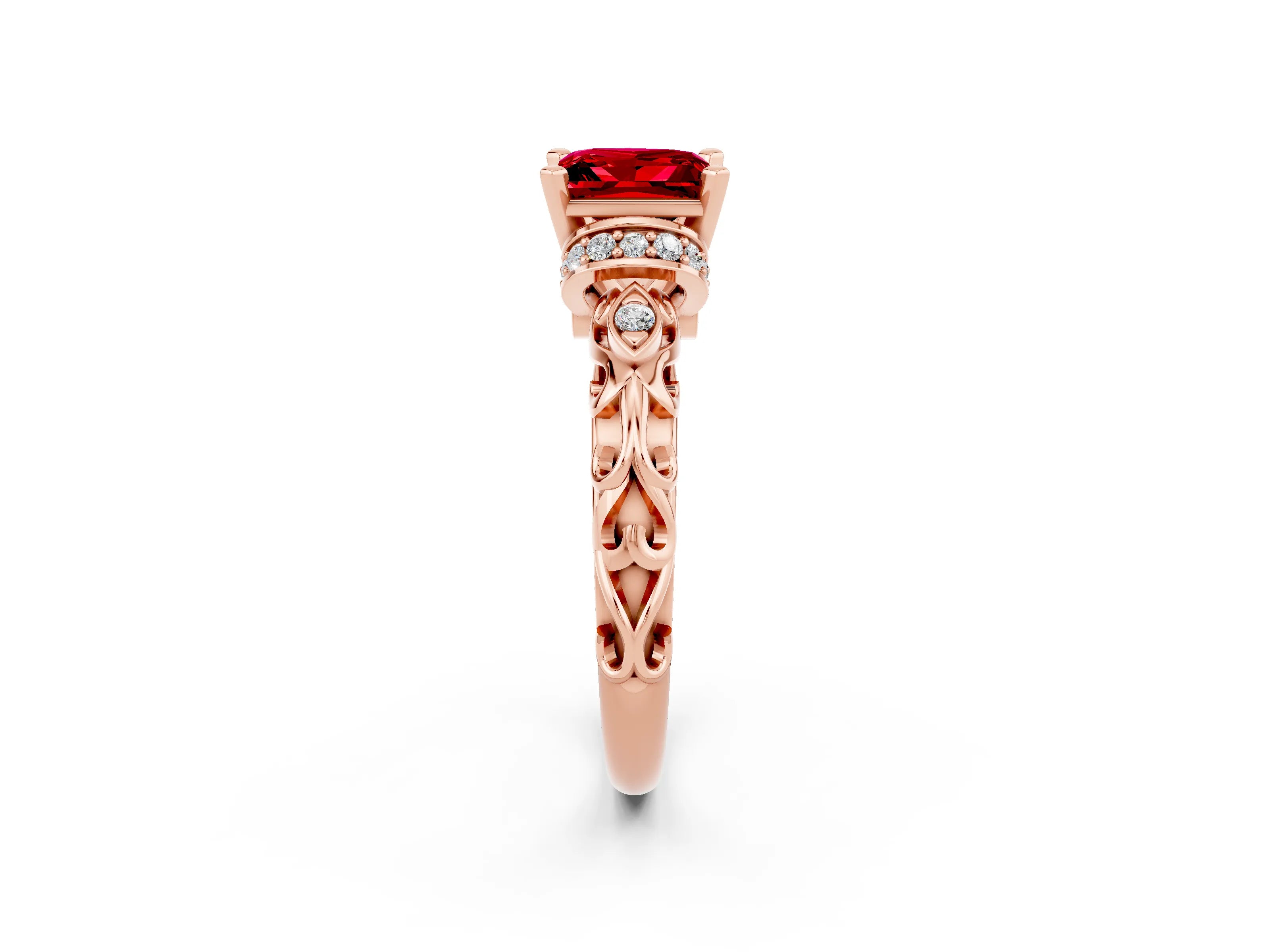 Rose gold Princess Cut Ruby Solitaire Ring with Filigree Band and Four-Prong Setting_50