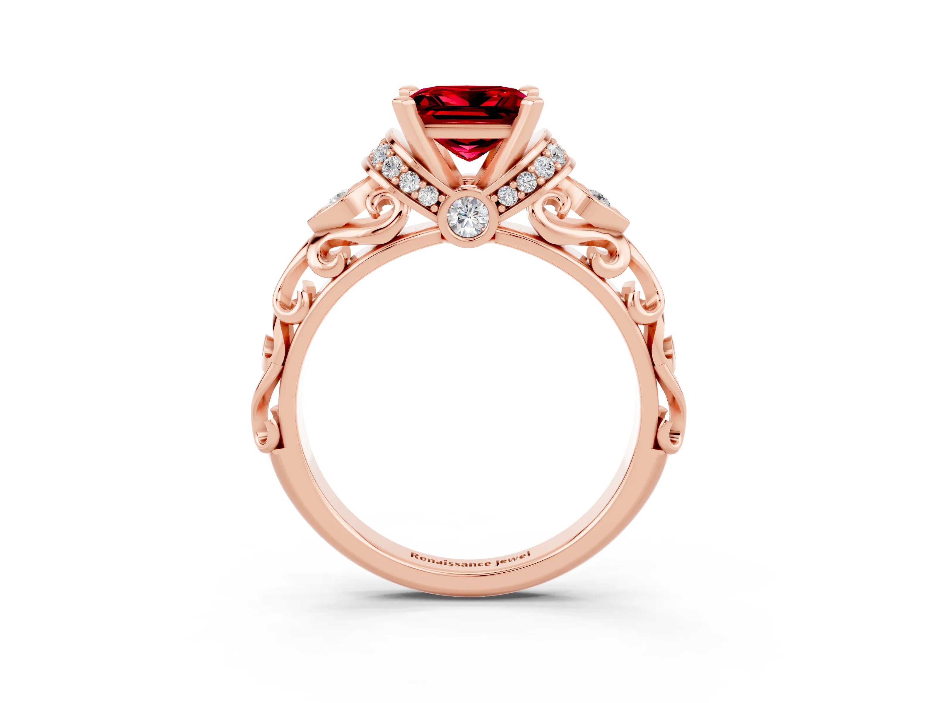 Rose gold Princess Cut Ruby Solitaire Ring with Filigree Band and Four-Prong Setting_51