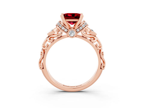 Rose gold Princess Cut Ruby Solitaire Ring with Filigree Band and Four-Prong Setting_51
