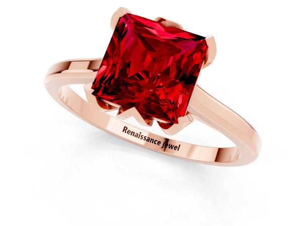 Rose gold Princess Cut Ruby Solitaire Ring with Flower Prong Setting and Classic Band