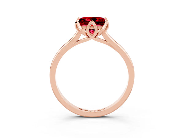 Rose gold Princess Cut Ruby Solitaire Ring with Flower Prong Setting and Classic Band