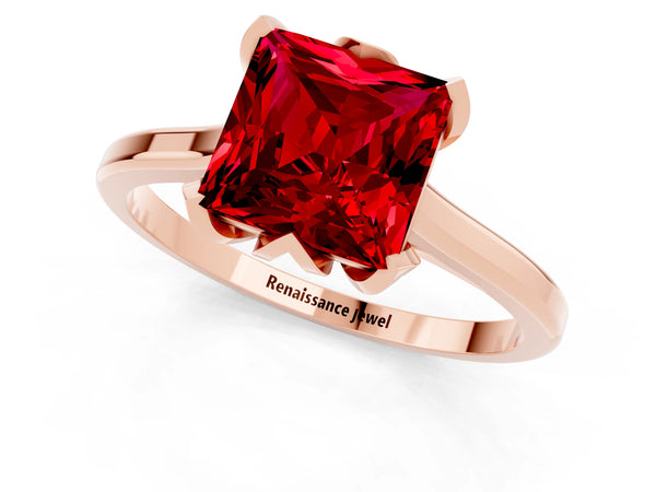 Rose gold Princess Cut Ruby Solitaire Ring with Flower Prong Setting and Classic Band