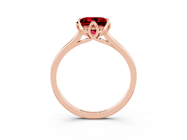 Rose gold Princess Cut Ruby Solitaire Ring with Flower Prong Setting and Classic Band