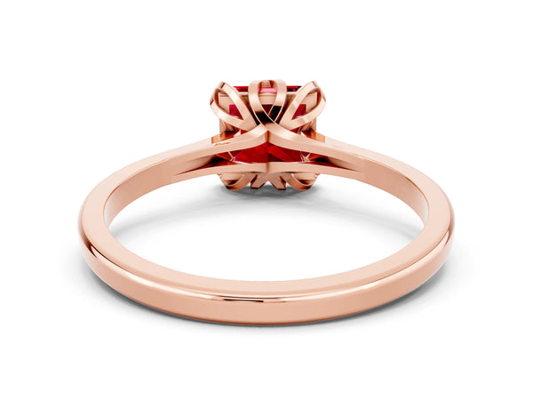 Rose Gold Princess Cut Lab-Grown Ruby Floral Solitaire Engagement Ring with Plain Band