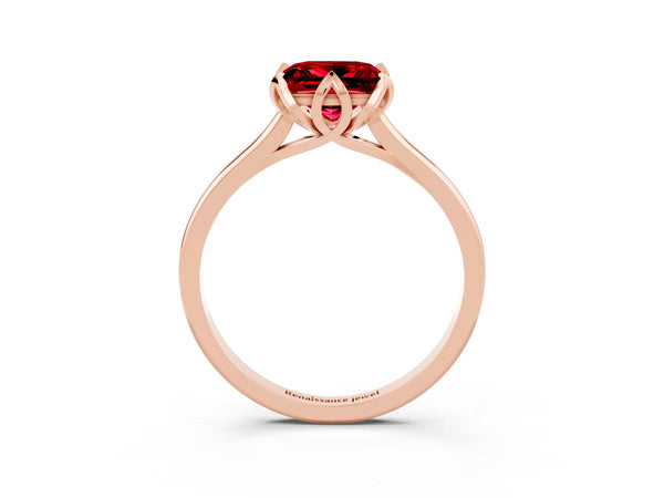 Rose Gold Princess Cut Lab-Grown Ruby Floral Solitaire Engagement Ring with Plain Band
