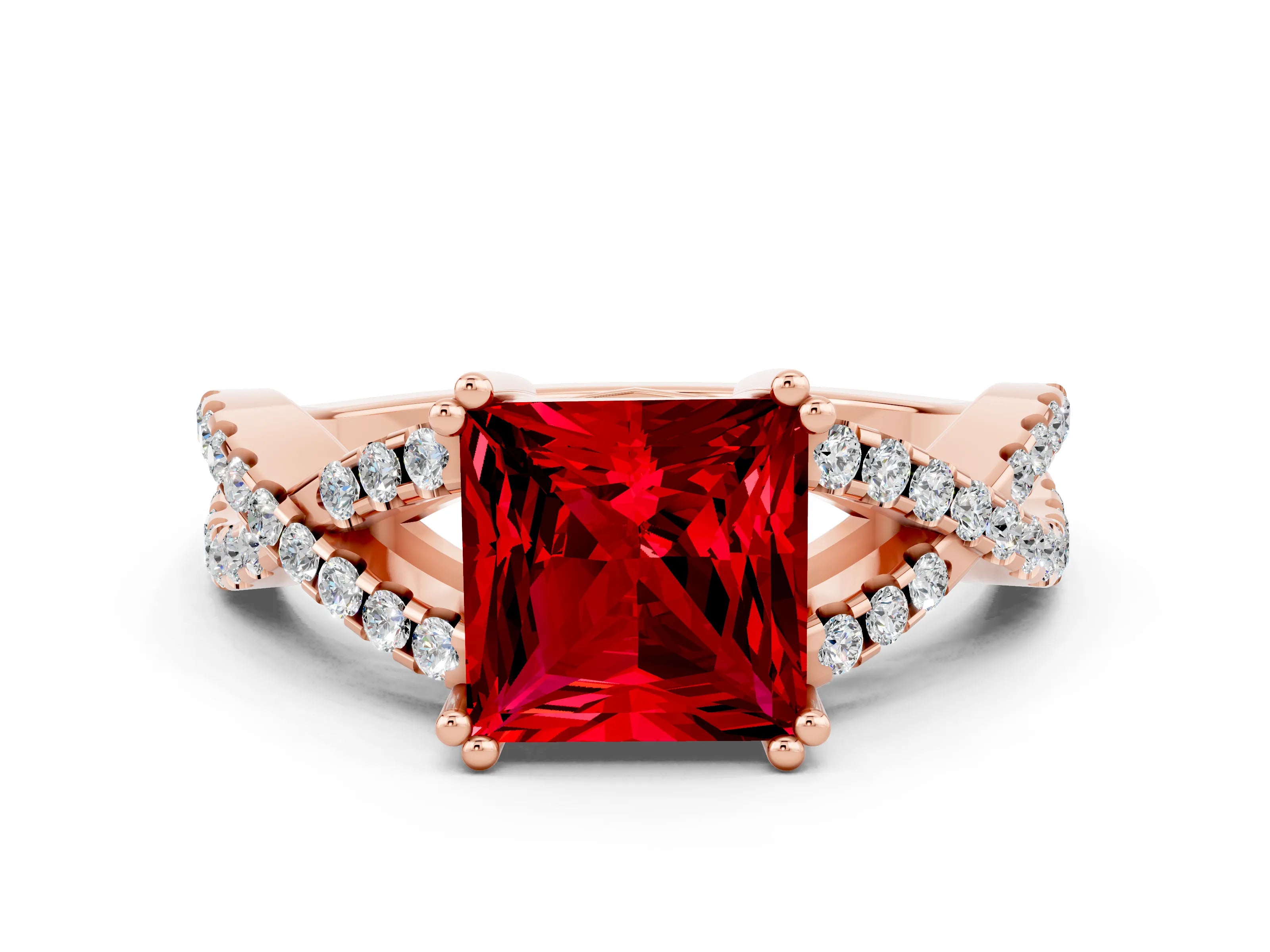 Rose gold Princess Cut Ruby Solitaire Ring with Four-Prong Setting and Twisted Pavé Band
