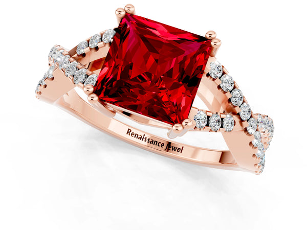 Rose gold Princess Cut Ruby Solitaire Ring with Four-Prong Setting and Twisted Pavé Band