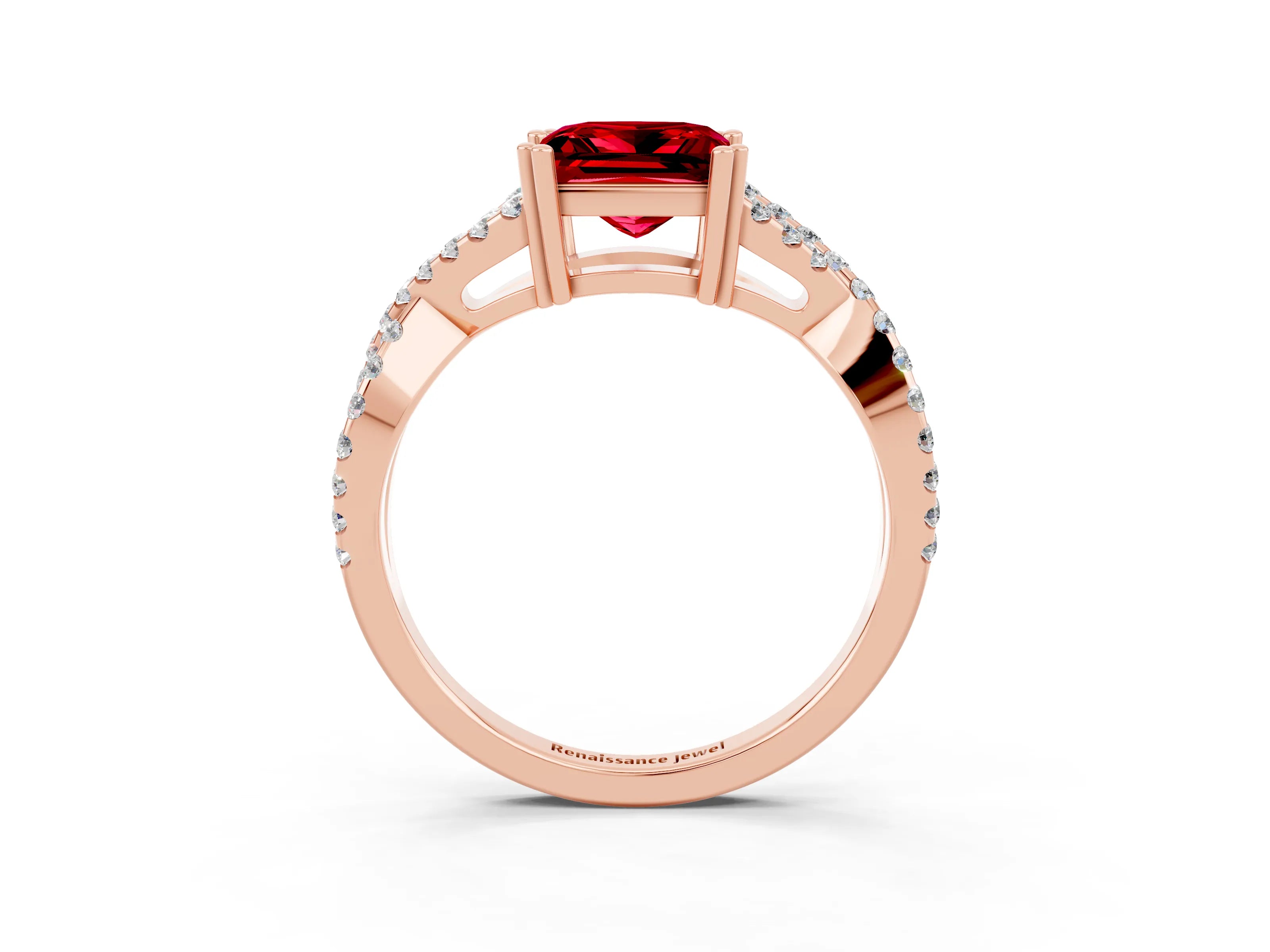 Rose gold Princess Cut Ruby Solitaire Ring with Four-Prong Setting and Twisted Pavé Band_3
