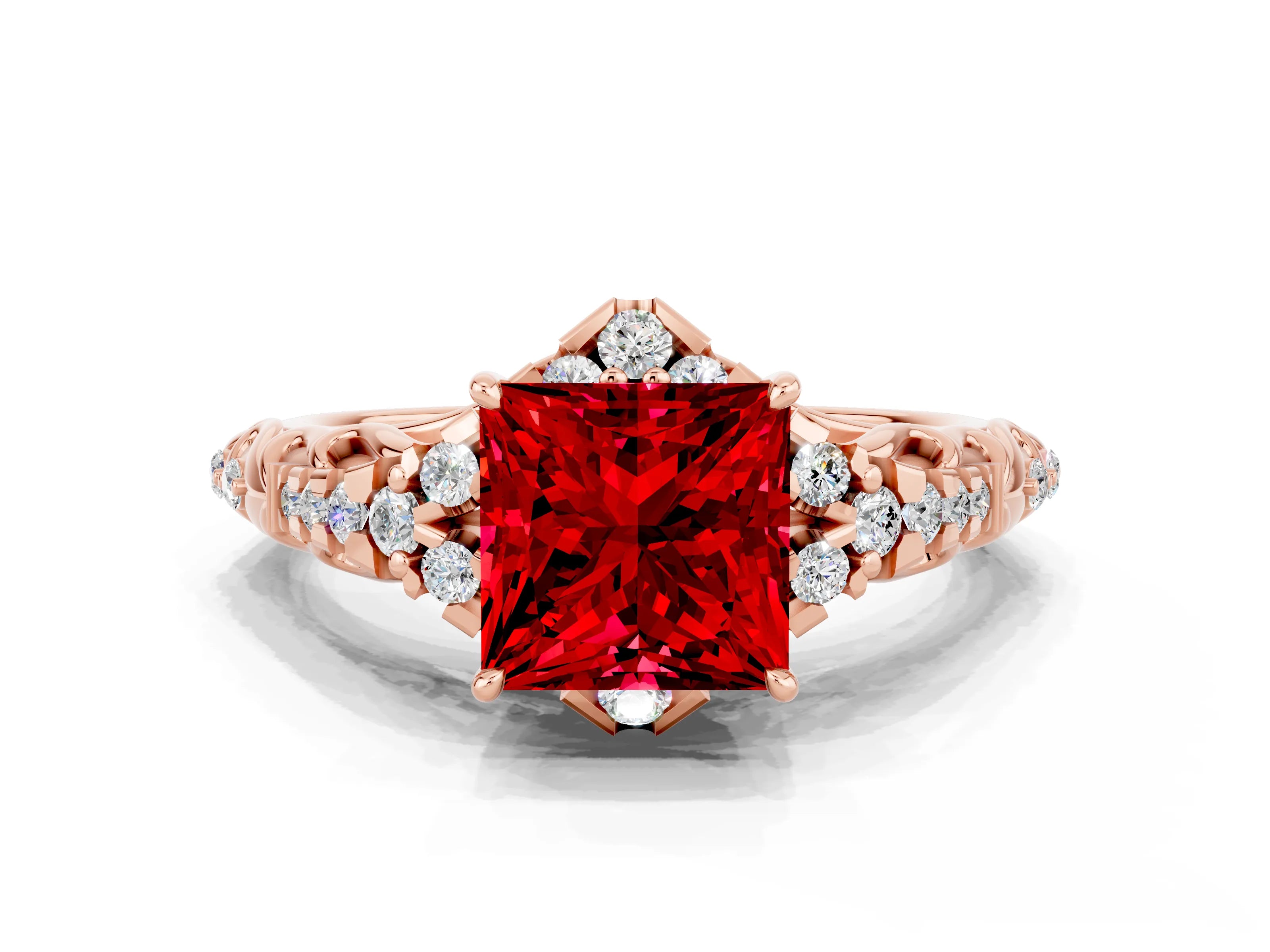 Rose gold Princess Cut Ruby Solitaire Ring with Hidden Halo and Pavé Band_12
