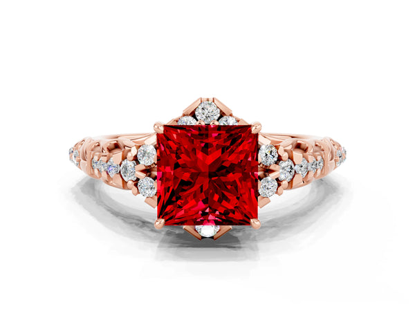 Rose gold Princess Cut Ruby Solitaire Ring with Hidden Halo and Pavé Band