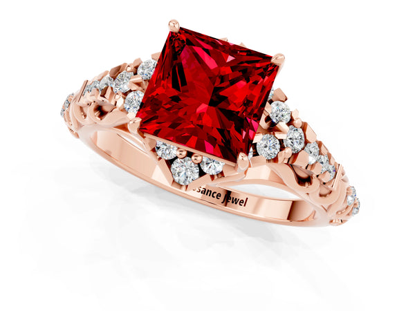 Rose gold Princess Cut Ruby Solitaire Ring with Hidden Halo and Pavé Band