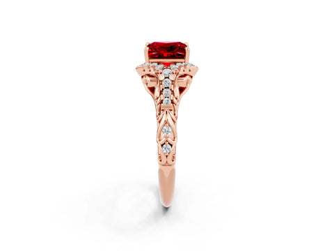 Rose gold Princess Cut Ruby Solitaire Ring with Hidden Halo and Pavé Band_14