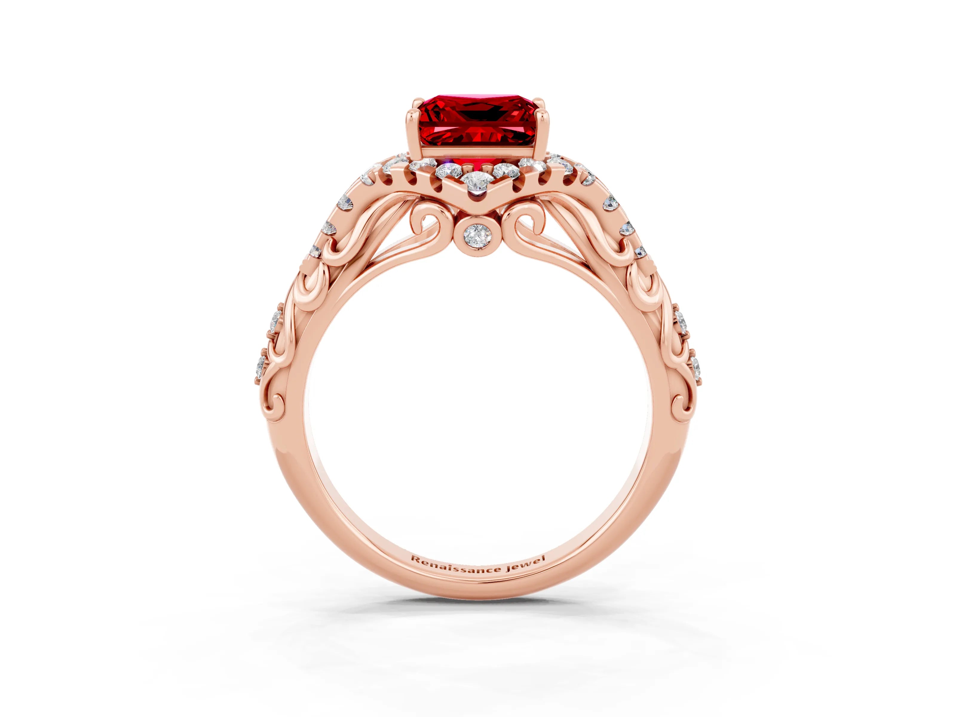 Rose gold Princess Cut Ruby Solitaire Ring with Hidden Halo and Pavé Band_15