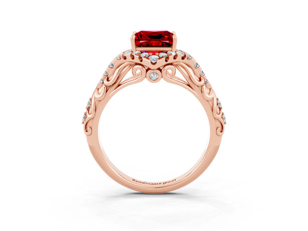 Rose gold Princess Cut Ruby Solitaire Ring with Hidden Halo and Pavé Band