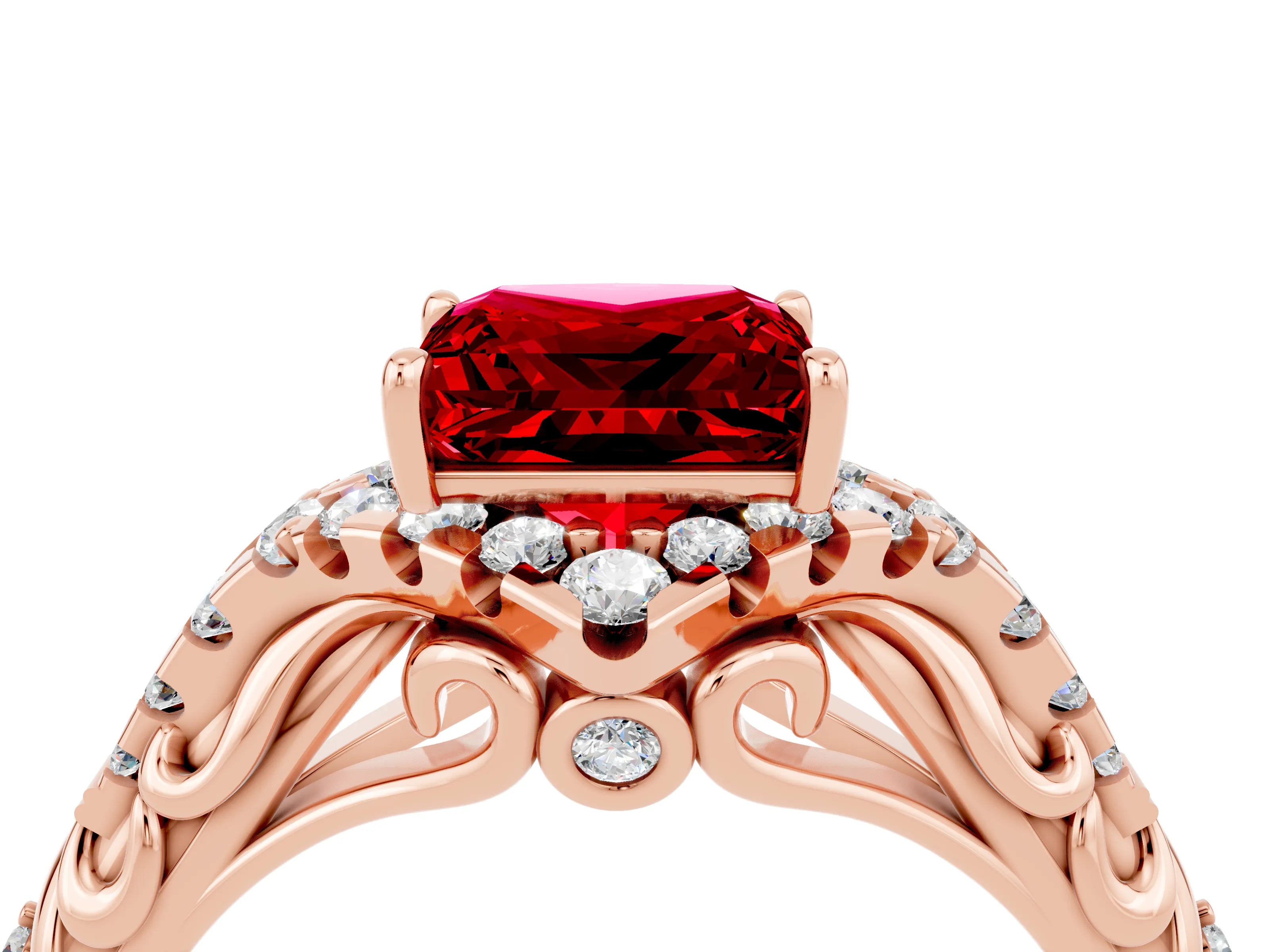 Rose gold Princess Cut Ruby Solitaire Ring with Hidden Halo and Pavé Band_16