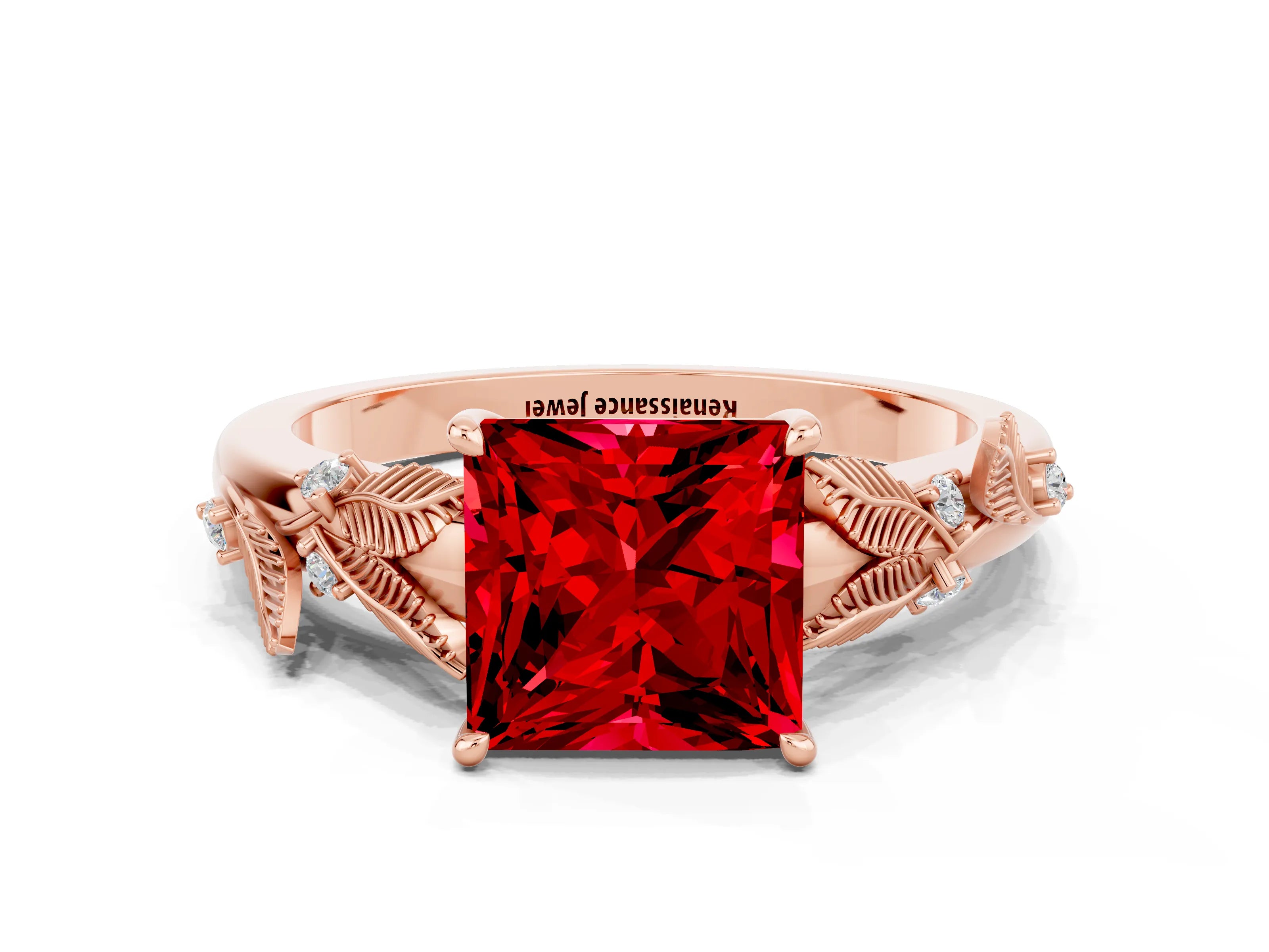 Rose gold Princess Cut Ruby Solitaire Ring with Leaf Motif Band and Four-Prong Setting