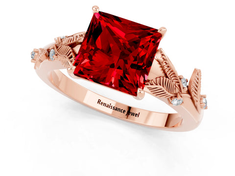 Rose gold Princess Cut Ruby Solitaire Ring with Leaf Motif Band and Four-Prong Setting_1