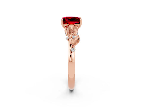 Rose gold Princess Cut Ruby Solitaire Ring with Leaf Motif Band and Four-Prong Setting_2
