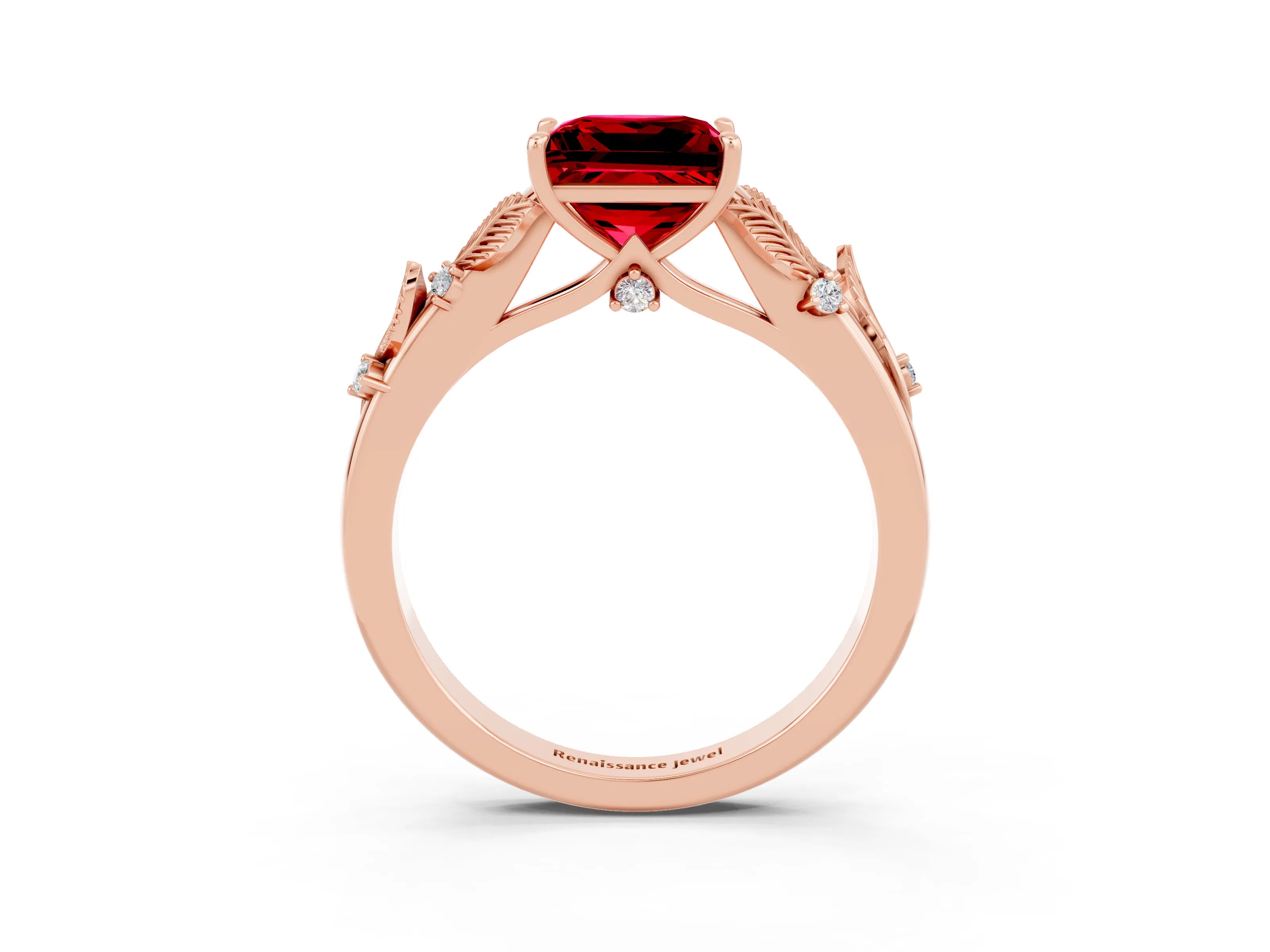 Rose gold Princess Cut Ruby Solitaire Ring with Leaf Motif Band and Four-Prong Setting_3