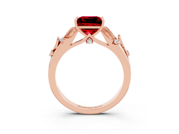 Rose gold Princess Cut Ruby Solitaire Ring with Leaf Motif Band and Four-Prong Setting