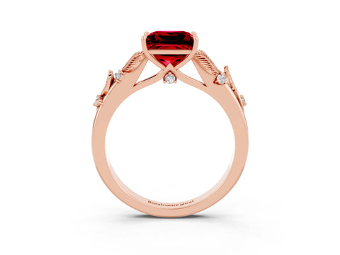 Rose gold Princess Cut Ruby Solitaire Ring with Leaf Motif Band and Four-Prong Setting_3