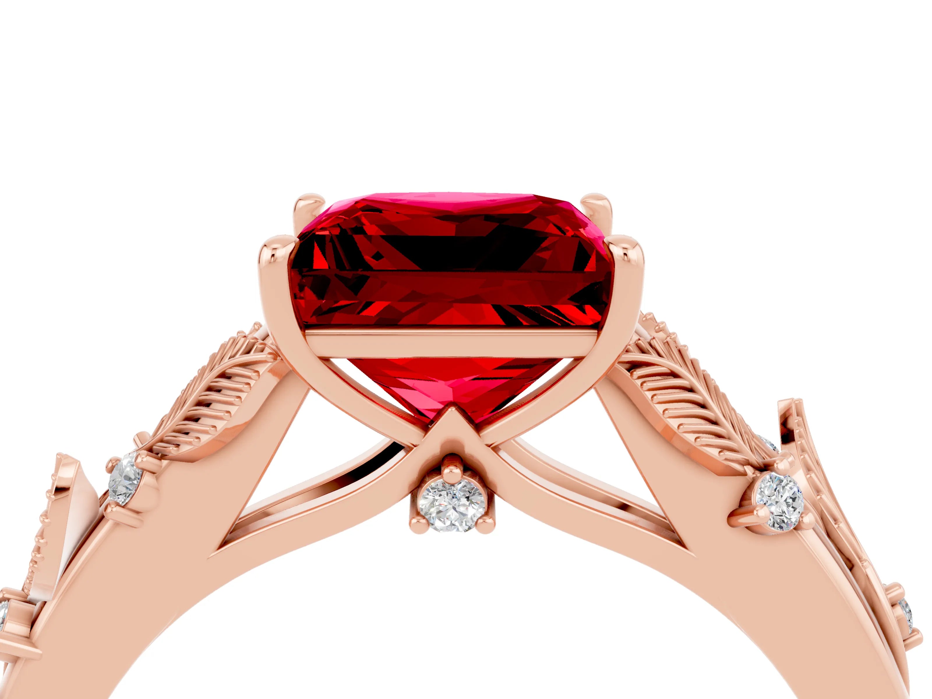 Rose gold Princess Cut Ruby Solitaire Ring with Leaf Motif Band and Four-Prong Setting_4