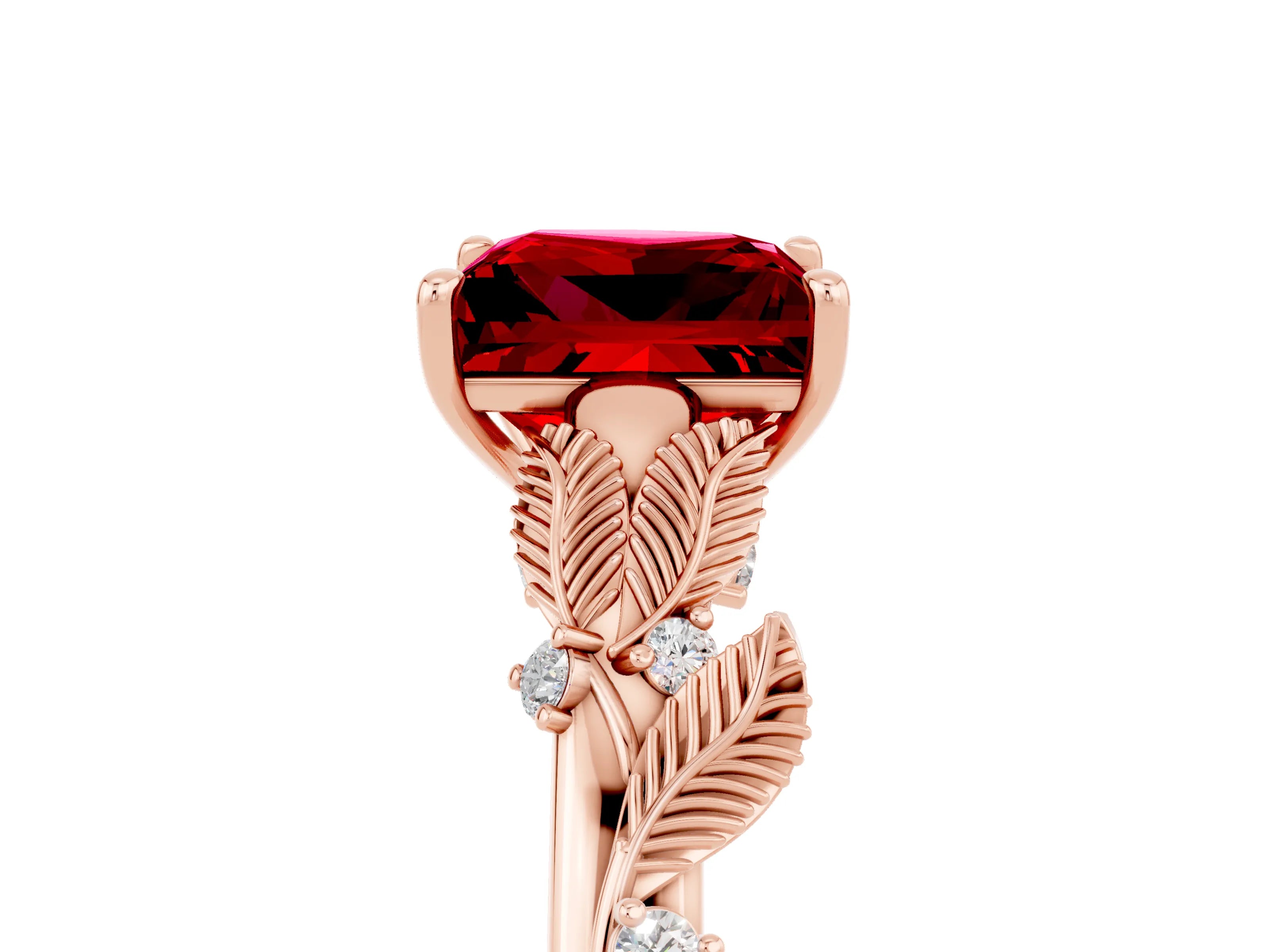 Rose gold Princess Cut Ruby Solitaire Ring with Leaf Motif Band and Four-Prong Setting_5
