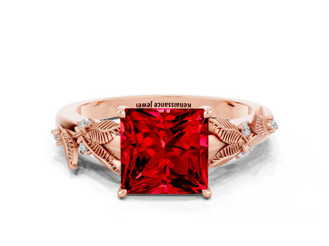 Rose gold Princess Cut Ruby Solitaire Ring with Leaf Motif Band and Four-Prong Setting
