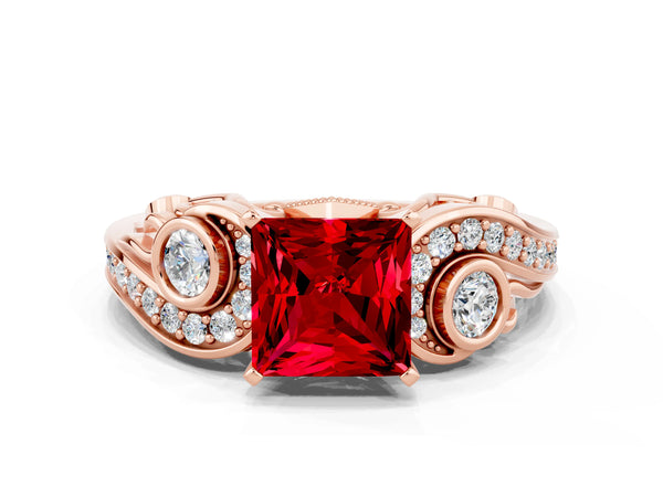 Rose gold Princess Cut Ruby Solitaire Ring with Milgrain Pavé Band and Four-Prong Setting