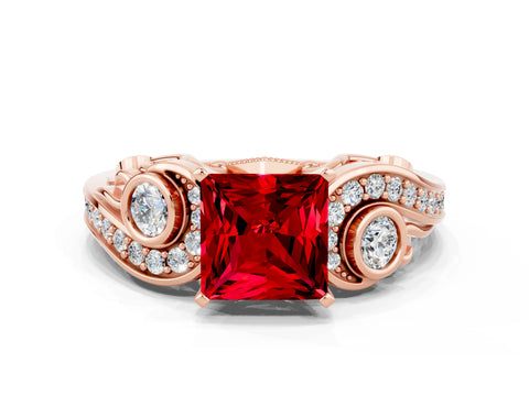 Rose gold Princess Cut Ruby Solitaire Ring with Milgrain Pavé Band and Four-Prong Setting_22
