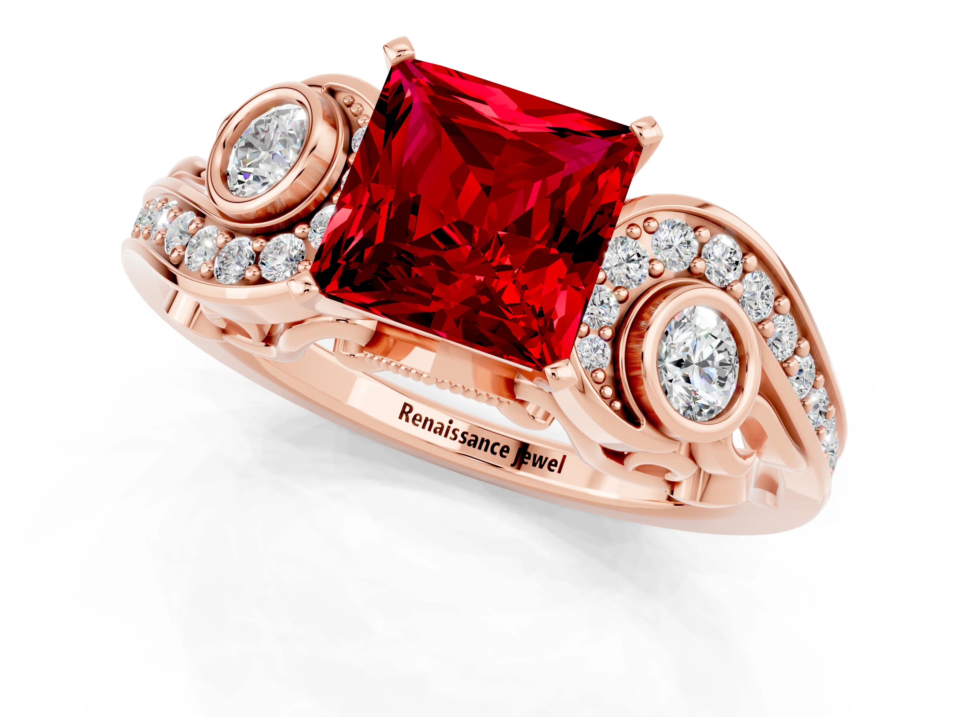Rose gold Princess Cut Ruby Solitaire Ring with Milgrain Pavé Band and Four-Prong Setting_23