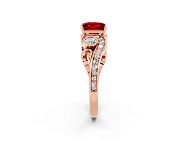 Rose gold Princess Cut Ruby Solitaire Ring with Milgrain Pavé Band and Four-Prong Setting