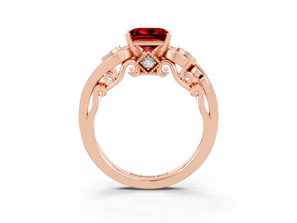 Rose gold Princess Cut Ruby Solitaire Ring with Milgrain Pavé Band and Four-Prong Setting
