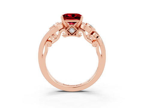 Rose gold Princess Cut Ruby Solitaire Ring with Milgrain Pavé Band and Four-Prong Setting_25