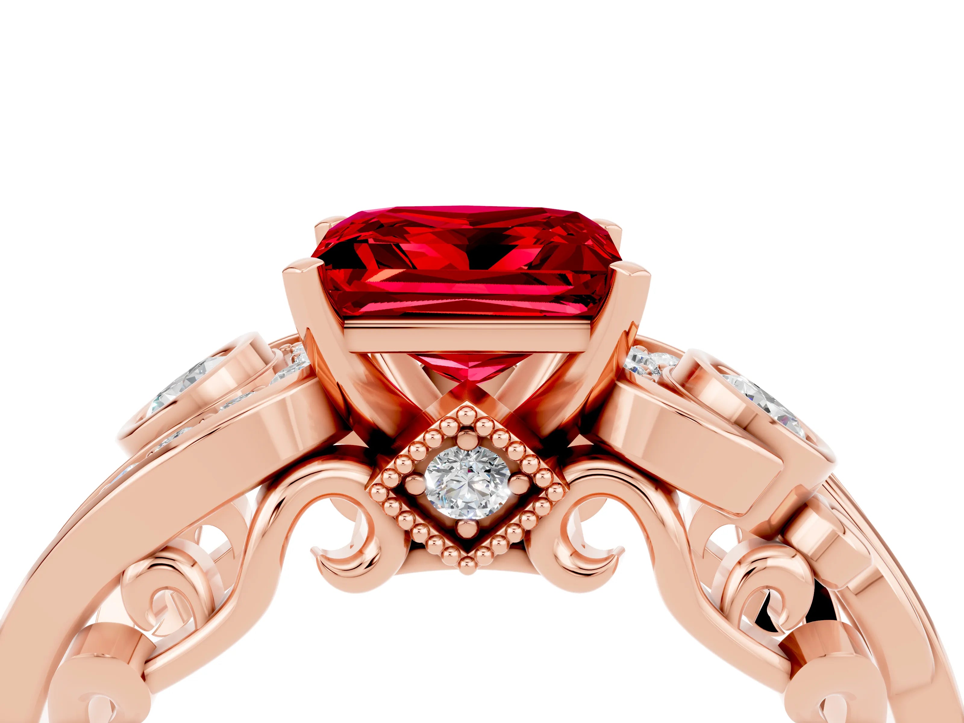 Rose gold Princess Cut Ruby Solitaire Ring with Milgrain Pavé Band and Four-Prong Setting_26